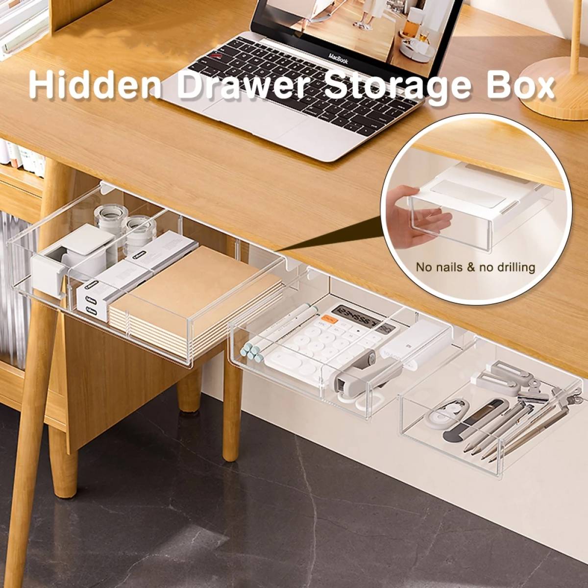 Hidden Drawer Storage Box Under Table Office Home Large